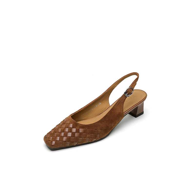 Women's Handmade Suede Woven Slingback Block Heel Sandals, Square-Toe Buckle Dress Shoes - Image 11