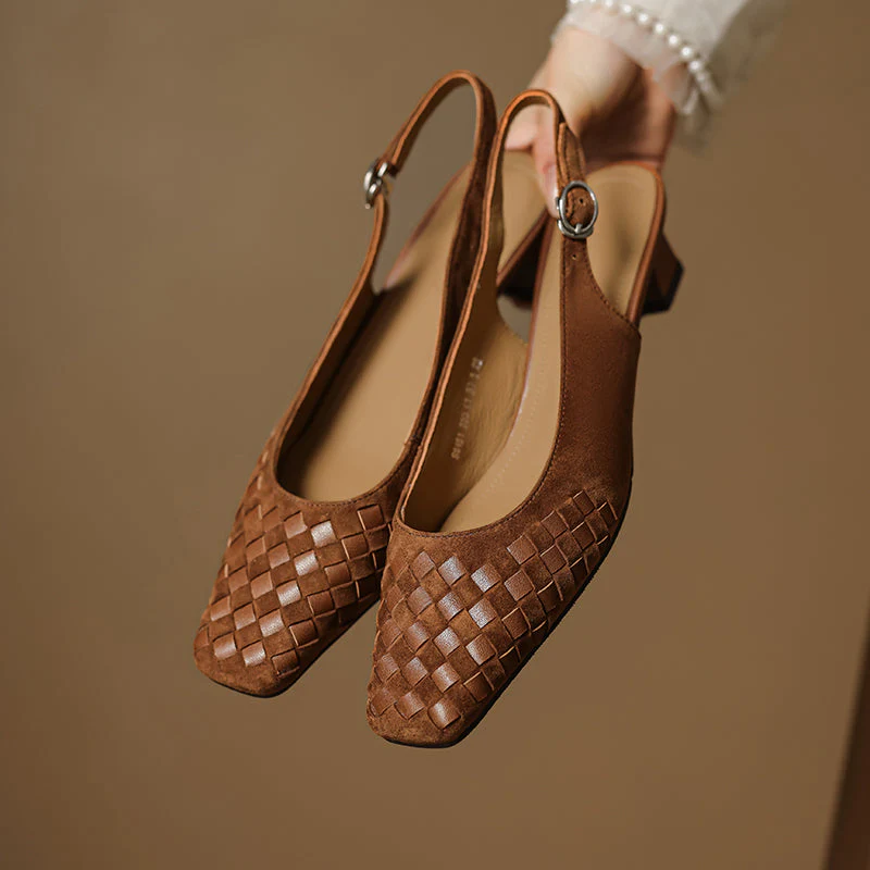 Women's Handmade Suede Woven Slingback Block Heel Sandals, Square-Toe Buckle Dress Shoes - Image 2
