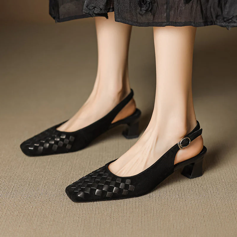 Women's Handmade Suede Woven Slingback Block Heel Sandals, Square-Toe Buckle Dress Shoes - Image 3