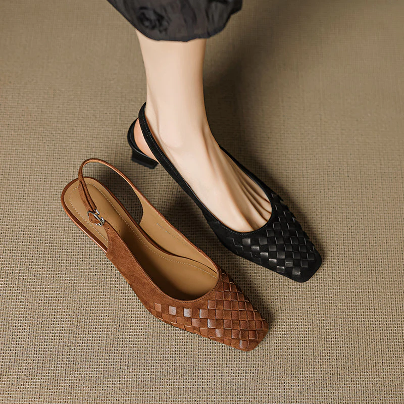 Women's Handmade Suede Woven Slingback Block Heel Sandals, Square-Toe Buckle Dress Shoes - Image 4