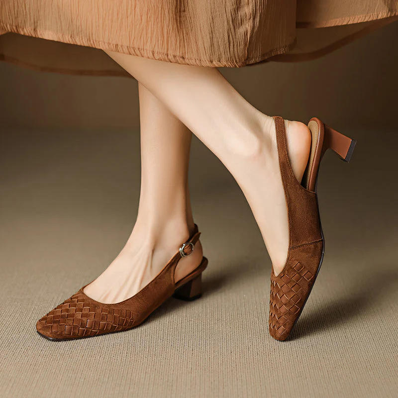Women's Handmade Suede Woven Slingback Block Heel Sandals, Square-Toe Buckle Dress Shoes - Image 8