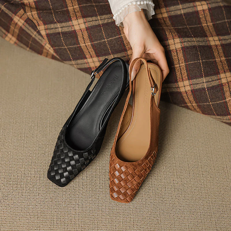 Women's Handmade Suede Woven Slingback Block Heel Sandals, Square-Toe Buckle Dress Shoes - Image 9