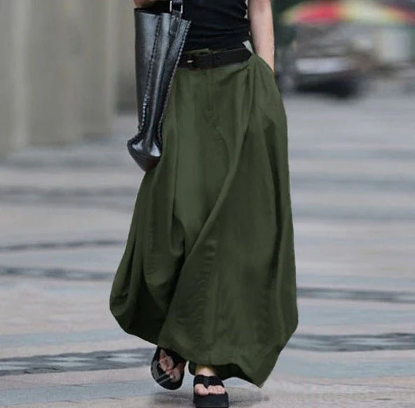 Women's High-Waist Flared Maxi Skirt – Solid Color Cotton Linen with Pockets - Image 6