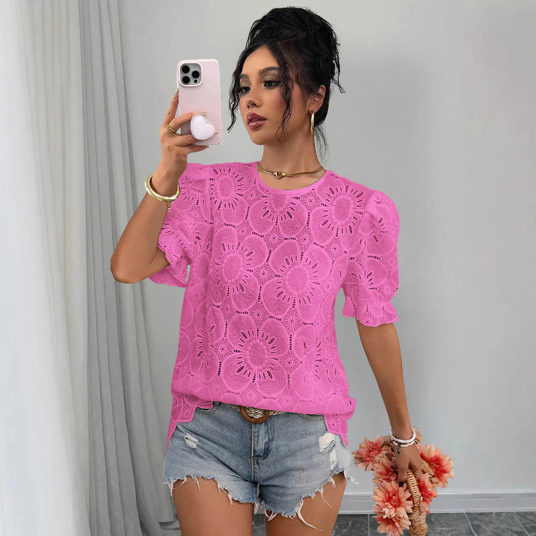 Women's Hollow-Out Lace Puff-Sleeve Shirt Top – Loose Fit - Image 3