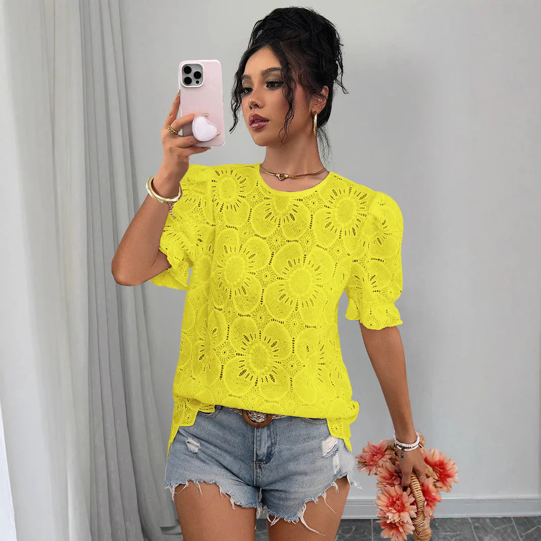 Women's Hollow-Out Lace Puff-Sleeve Shirt Top – Loose Fit - Image 4