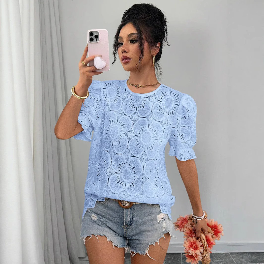 Women's Hollow-Out Lace Puff-Sleeve Shirt Top – Loose Fit - Image 6