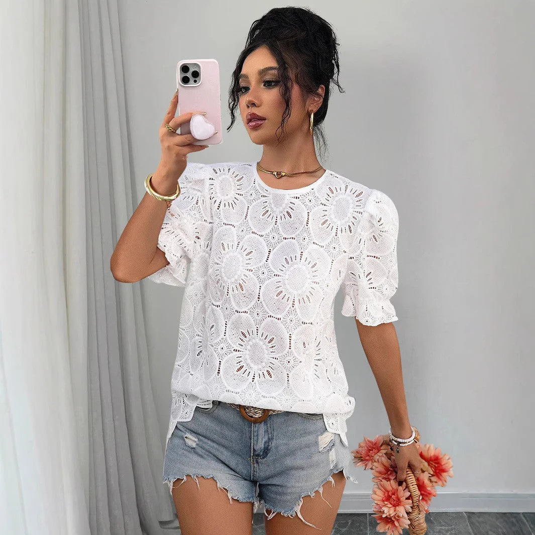 Women's Hollow-Out Lace Puff-Sleeve Shirt Top – Loose Fit - Image 8