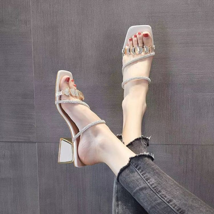 Women's Korean Style Rhinestone Single Strap Slide Sandals – Mid Chunky Heel - Image 2