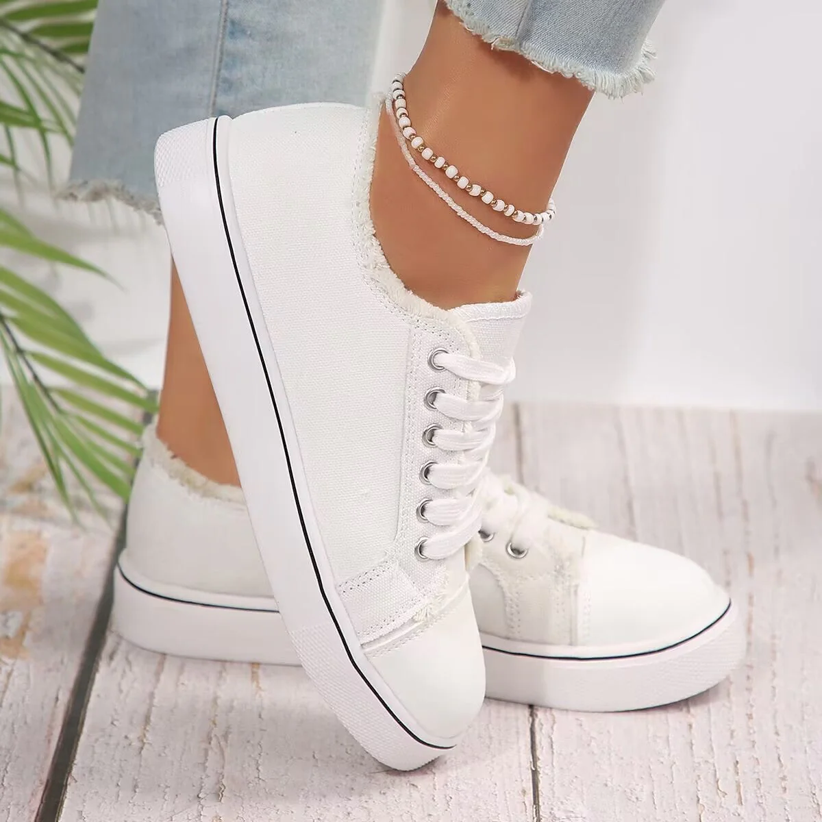 Women's Lace-Up Canvas Sneakers – Lightweight Flat Low-Top - Image 5