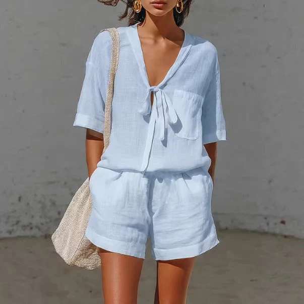 Women's Lace-Up Short-Sleeve Shirt & Loose Shorts Set – Casual Summer Co-Ord - Image 3