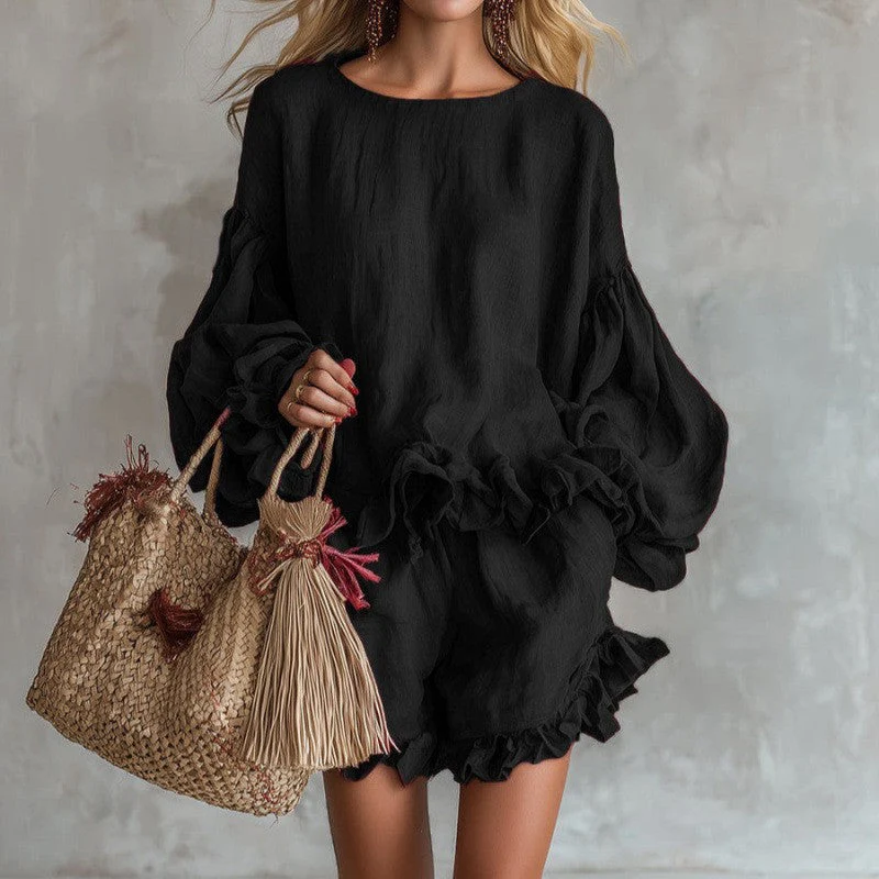 Women's Lantern Sleeve Top & Shorts Two-Piece Set – Loose Fit - Image 2