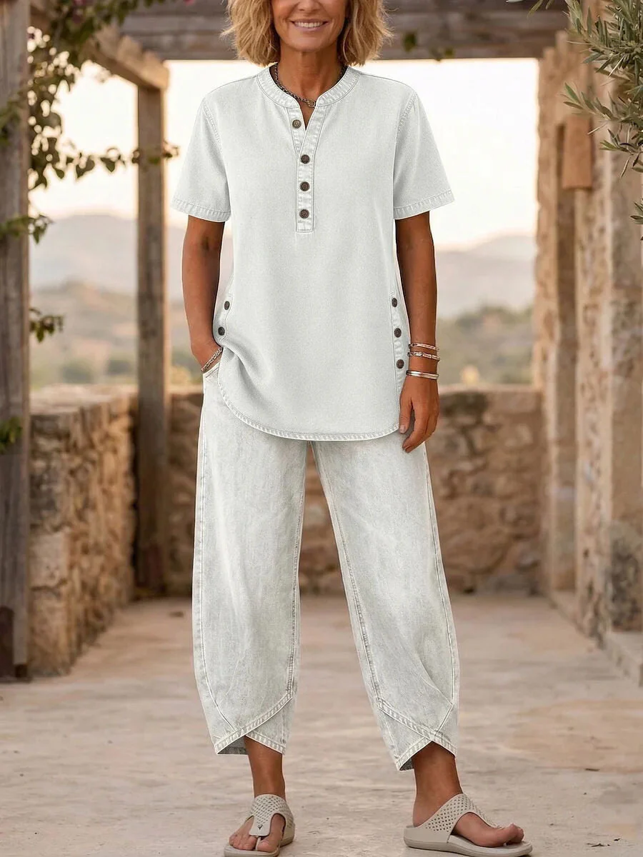 Women's Lapel Button-Up Top & Pants Two-Piece Set – Three-Quarter Sleeve - Image 4