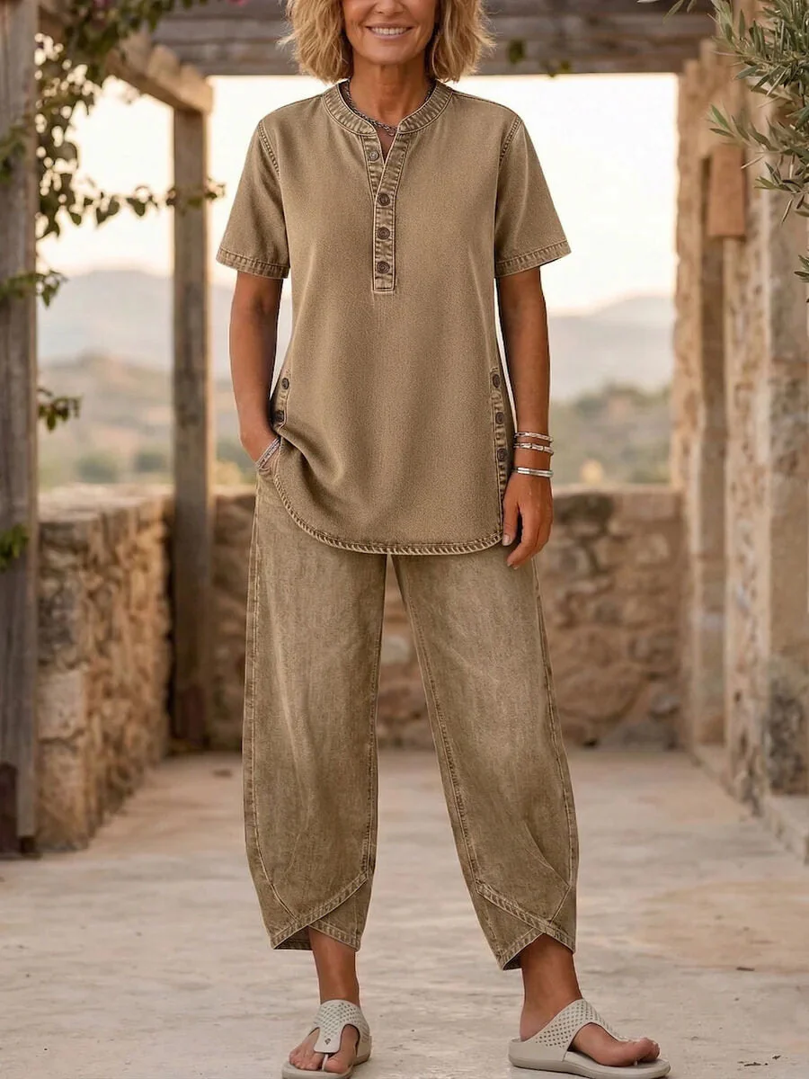 Women's Lapel Button-Up Top & Pants Two-Piece Set – Three-Quarter Sleeve - Image 5