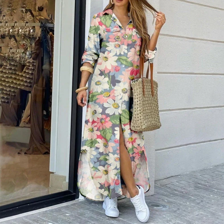 Women's Lapel-Collar Long Shirt Dress – Floral Print Midi Relaxed Fit - Image 5