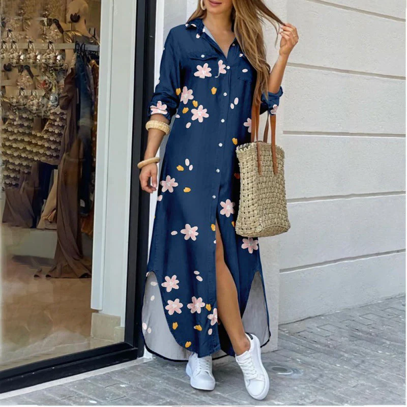 Women's Lapel-Collar Long Shirt Dress – Floral Print Midi Relaxed Fit - Image 6