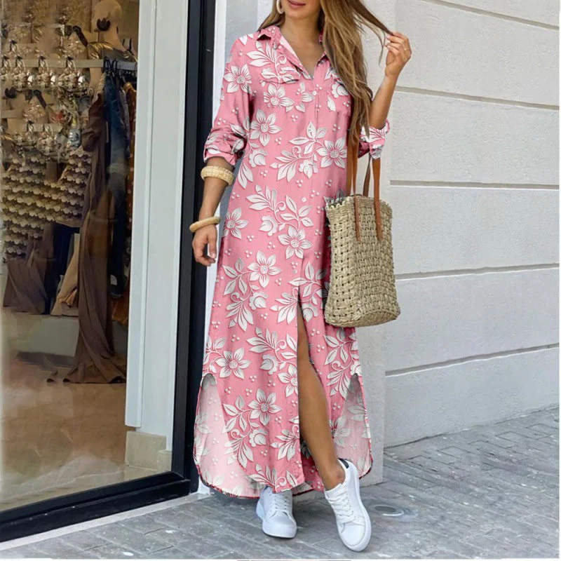 Women's Lapel-Collar Long Shirt Dress – Floral Print Midi Relaxed Fit - Image 7
