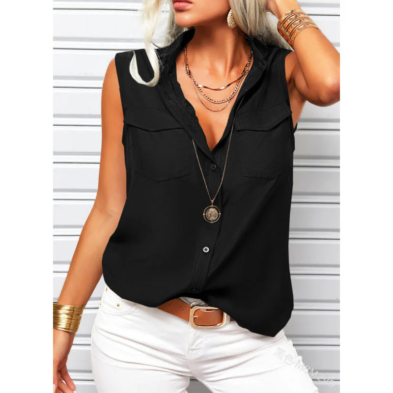 Women's Lapel Collar Sleeveless Top – Loose Fit, Pockets, Solid Color - Image 9