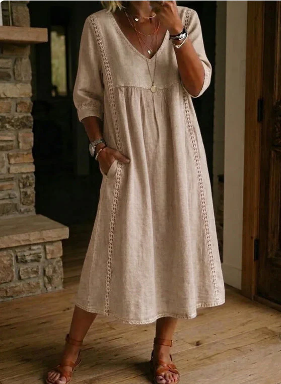 Women's Linen Cotton V-Neck Dress – Lace Trim, Loose Fit, 7 Colors - Image 2