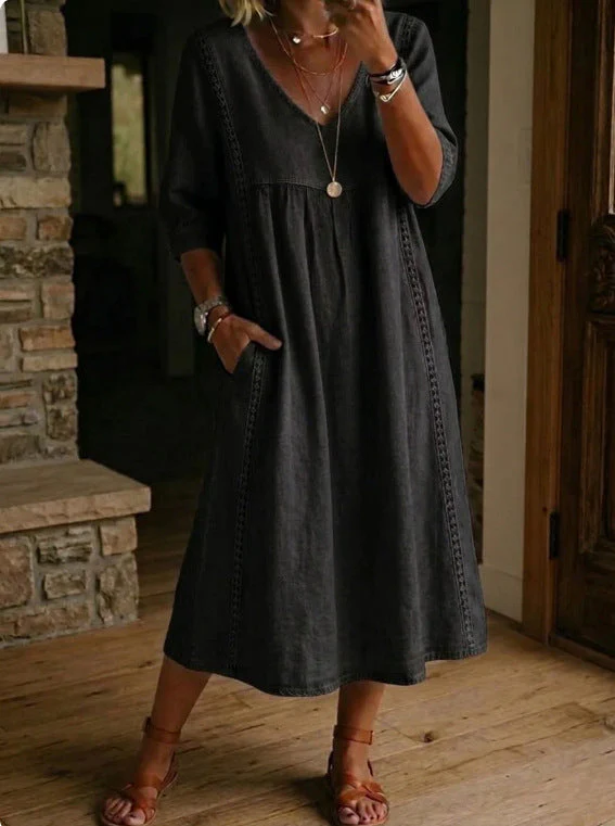 Women's Linen Cotton V-Neck Dress – Lace Trim, Loose Fit, 7 Colors - Image 3