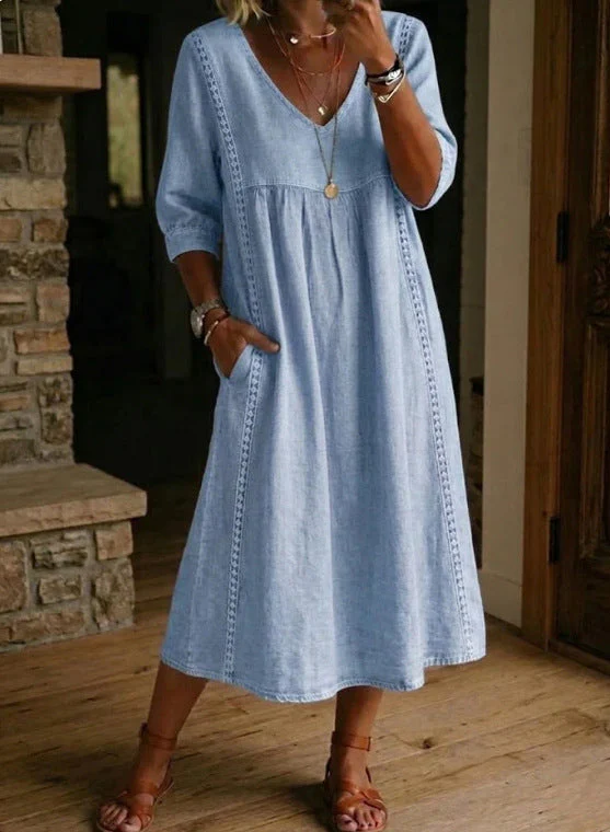 Women's Linen Cotton V-Neck Dress – Lace Trim, Loose Fit, 7 Colors - Image 4