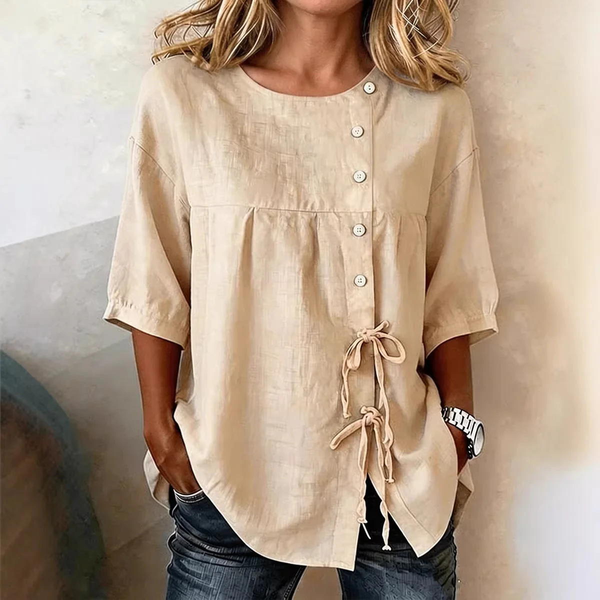 Women's Linen Lace-Up Button Shirt – 3/4 Sleeve Asymmetric - Image 2