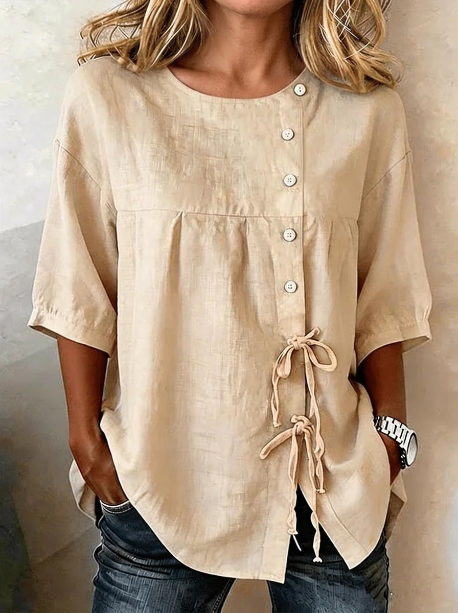 Women's Linen Lace-Up Button Shirt – 3/4 Sleeve Asymmetric - Image 7