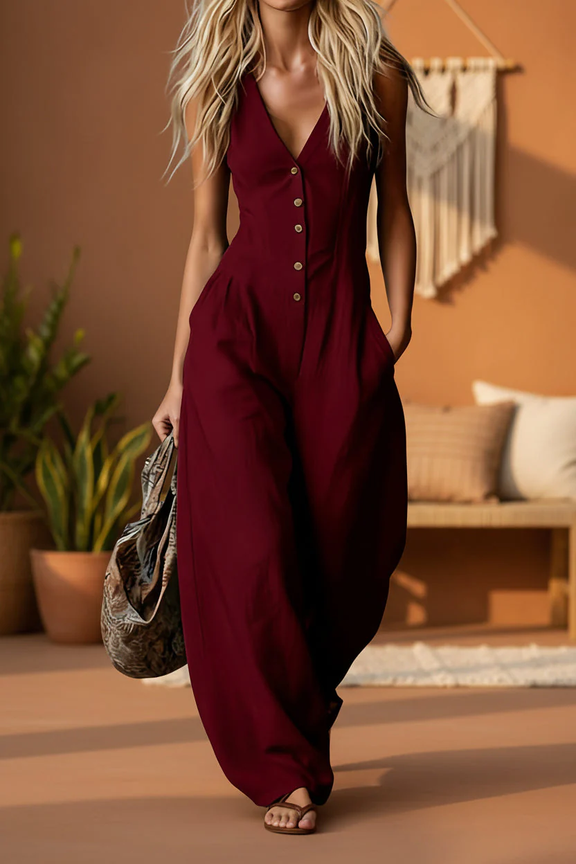 Women's Linen-Look V-Neck Jumpsuit – Textured, Sleeveless, Commuter Style - Image 5