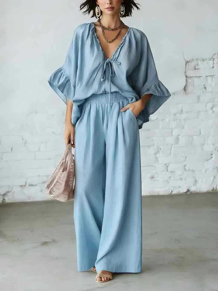 Women's Loose-Fit V-Neck Top & Wide-Leg Pants Two-Piece Set - Image 10