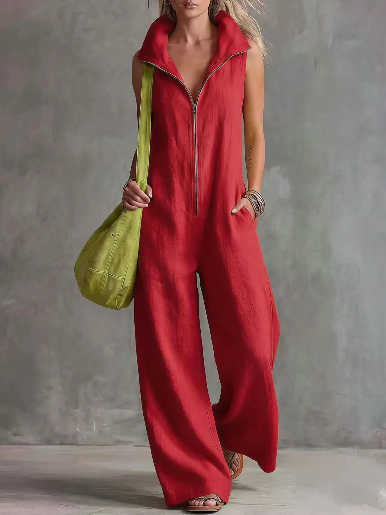 Women's Loose Sleeveless Jumpsuit with Pockets – Linen-Look - Image 10