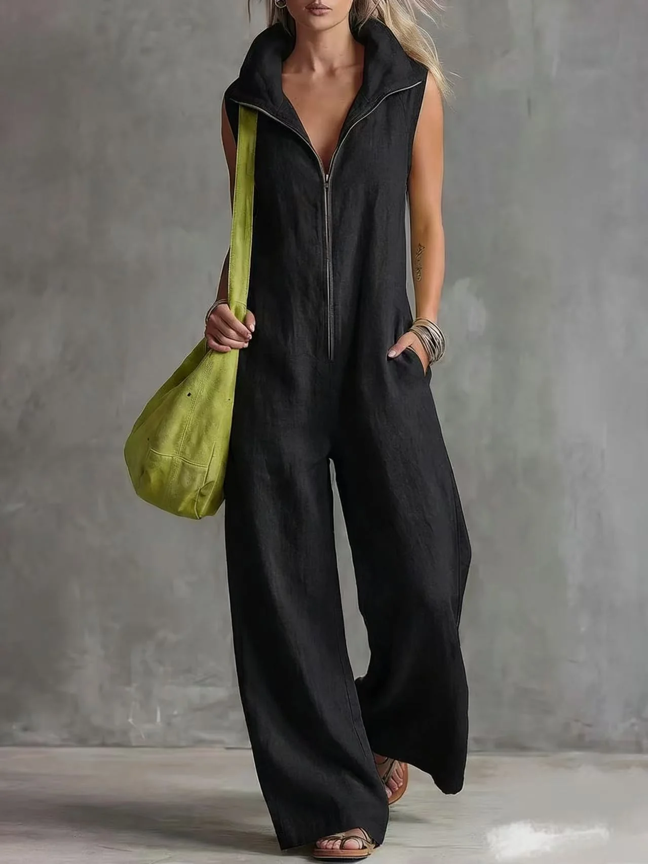 Women's Loose Sleeveless Jumpsuit with Pockets – Linen-Look - Image 7