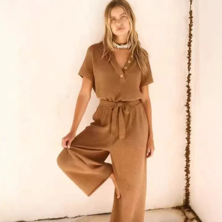 Women's Loose V-Neck Lace-Up Pocket Jumpsuit - Image 12