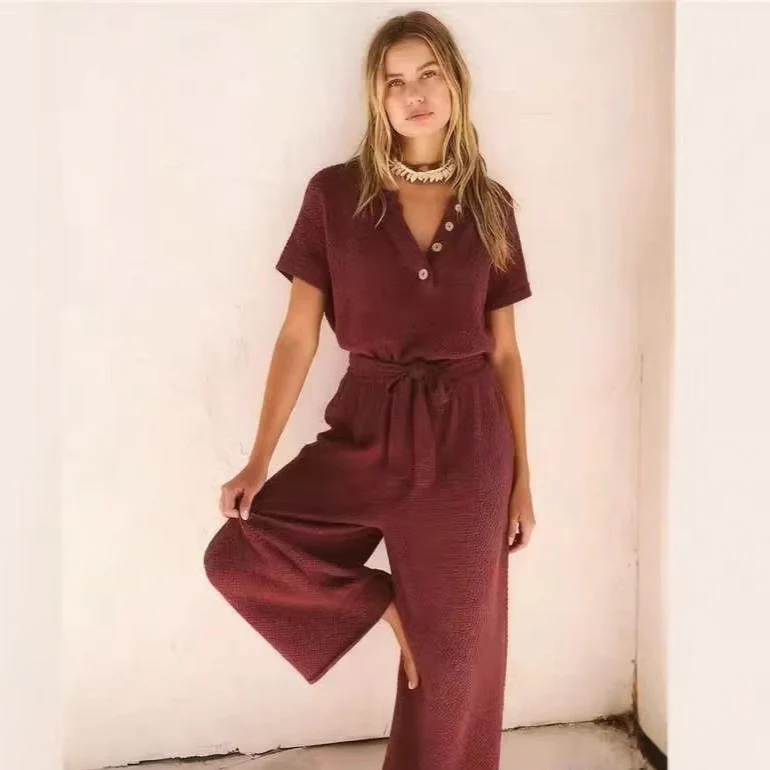 Women's Loose V-Neck Lace-Up Pocket Jumpsuit - Image 17