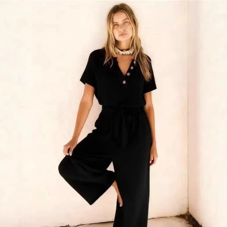Women's Loose V-Neck Lace-Up Pocket Jumpsuit - Image 6
