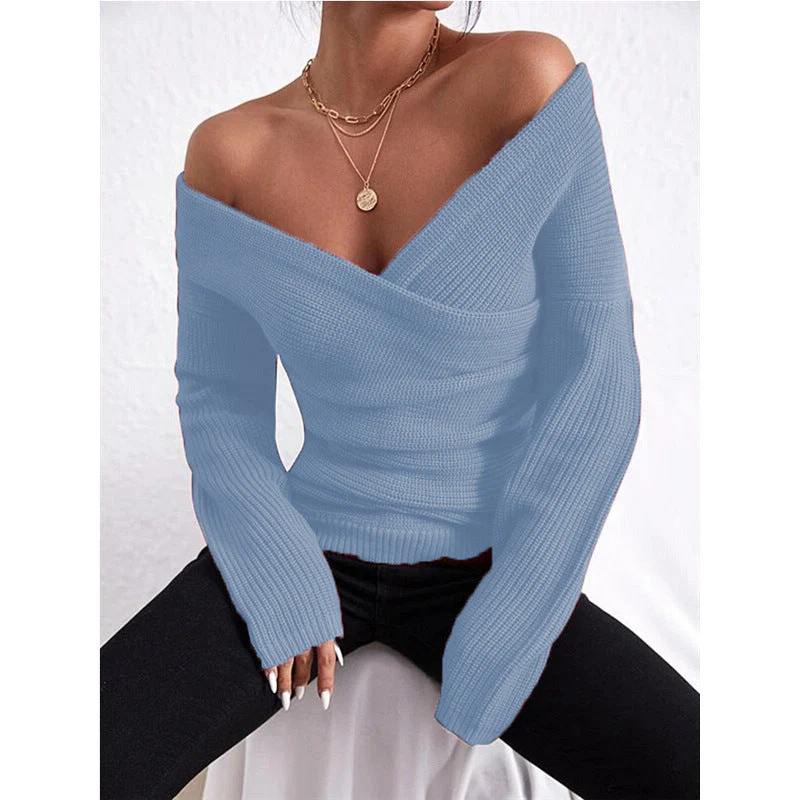 Women's Off-Shoulder Crossover Knit Sweater – Slim Fit Long Sleeve - Image 4