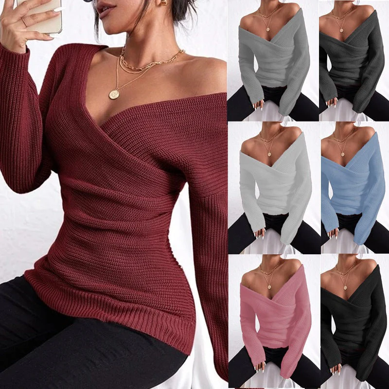 Women's Off-Shoulder Crossover Knit Sweater – Slim Fit Long Sleeve - Image 5