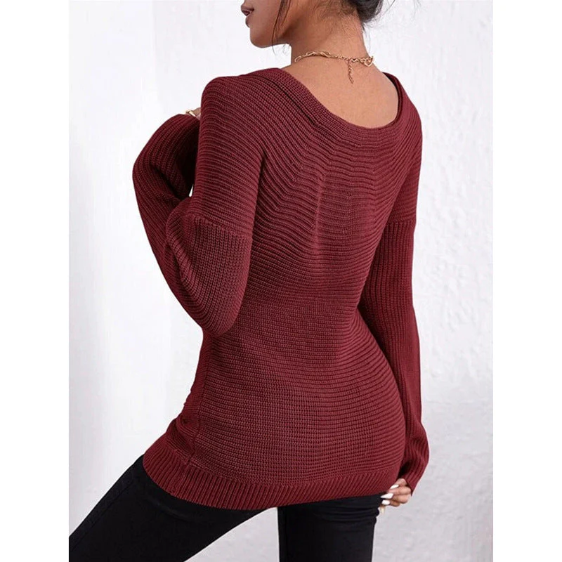Women's Off-Shoulder Crossover Knit Sweater – Slim Fit Long Sleeve - Image 6