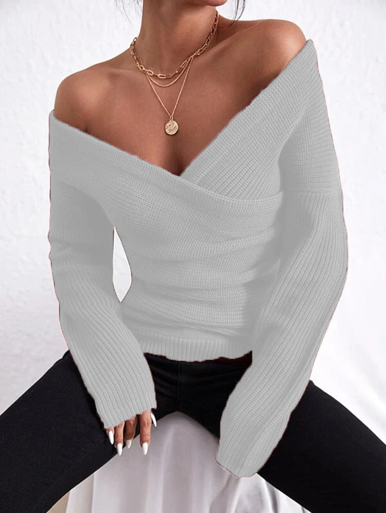 Women's Off-Shoulder Crossover Knit Sweater – Slim Fit Long Sleeve - Image 8