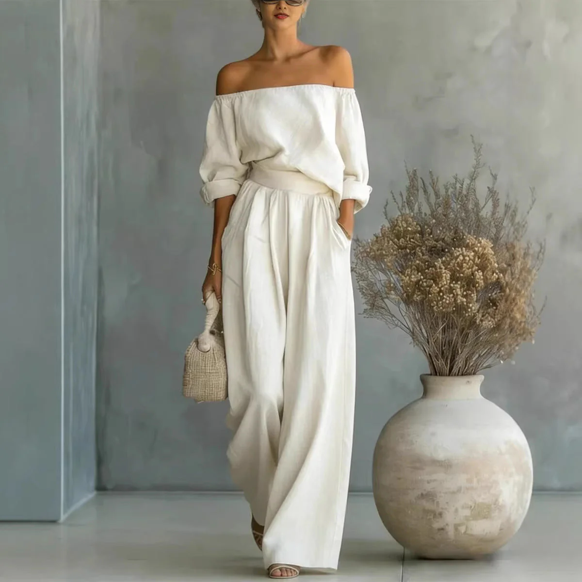 Women's Off-Shoulder Long-Sleeve Top & Wide-Leg Pants Two-Piece Set - Image 3