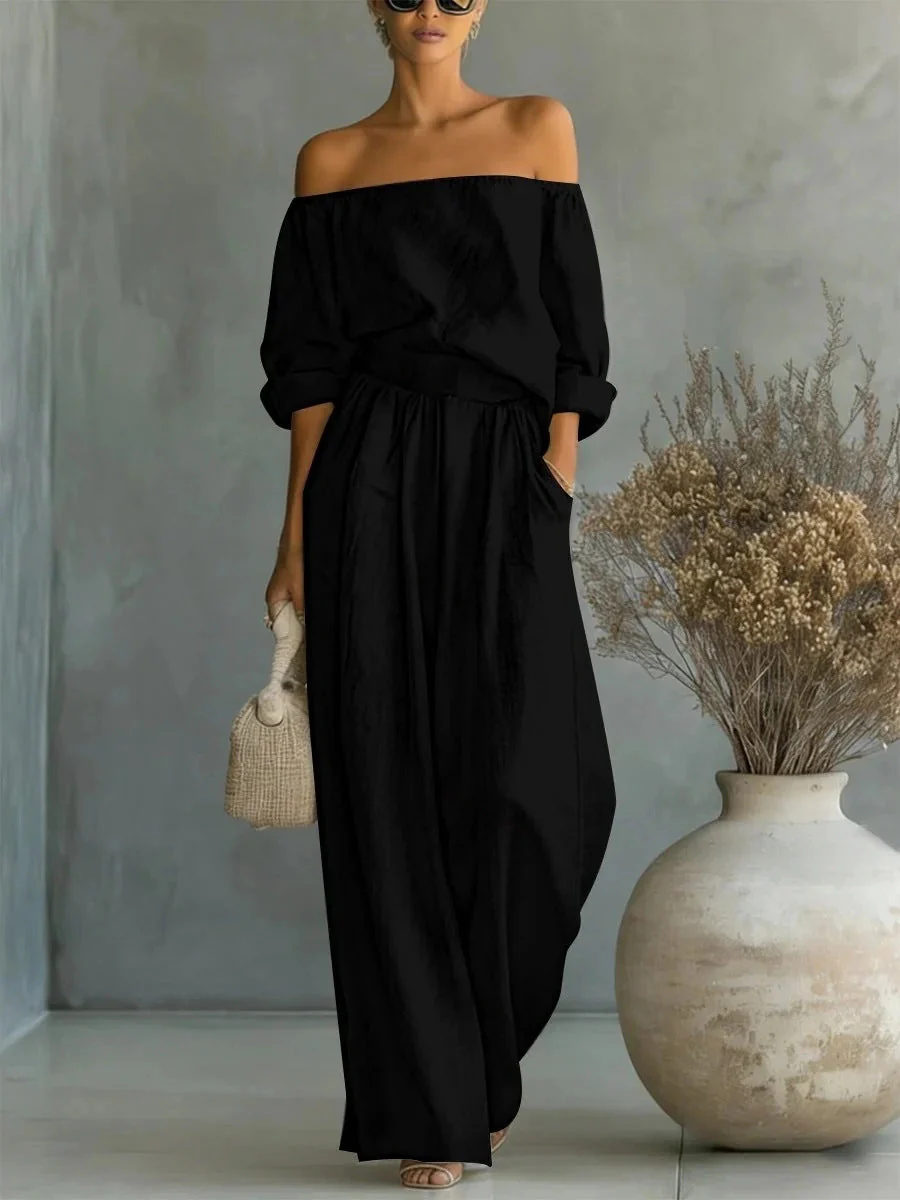 Women's Off-Shoulder Long-Sleeve Top & Wide-Leg Pants Two-Piece Set - Image 6