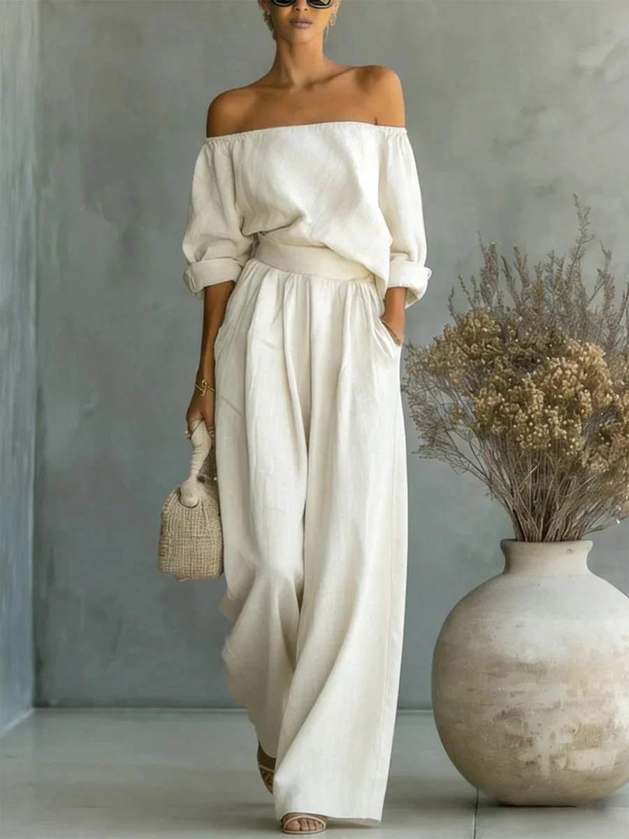Women's Off-Shoulder Long-Sleeve Top & Wide-Leg Pants Two-Piece Set - Image 7