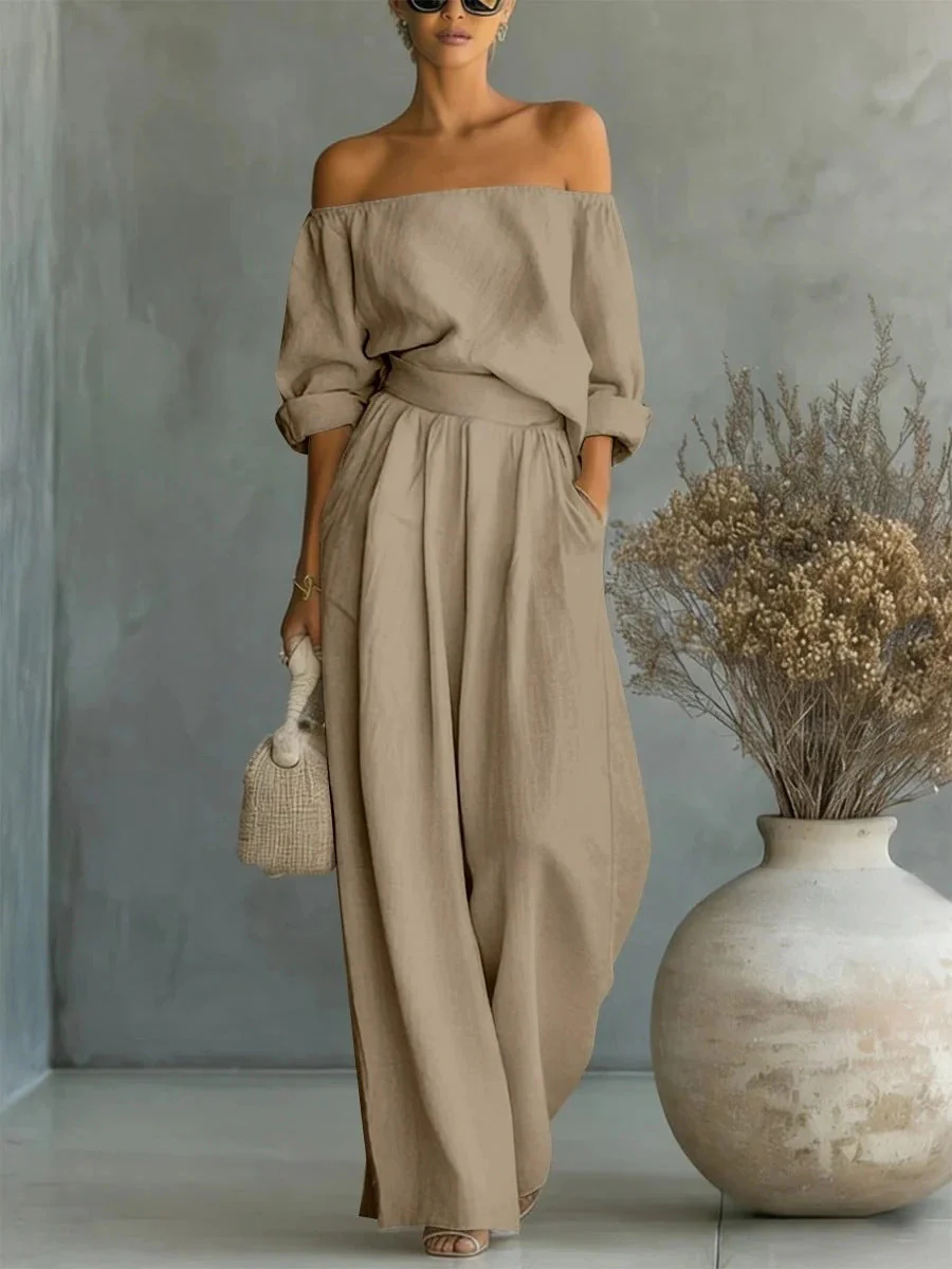 Women's Off-Shoulder Long-Sleeve Top & Wide-Leg Pants Two-Piece Set - Image 8