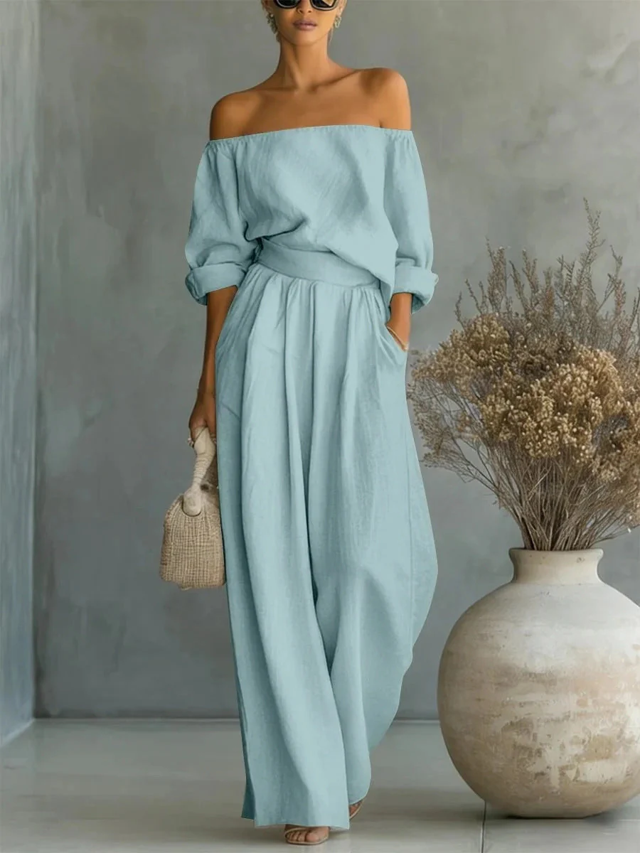 Women's Off-Shoulder Long-Sleeve Top & Wide-Leg Pants Two-Piece Set - Image 9
