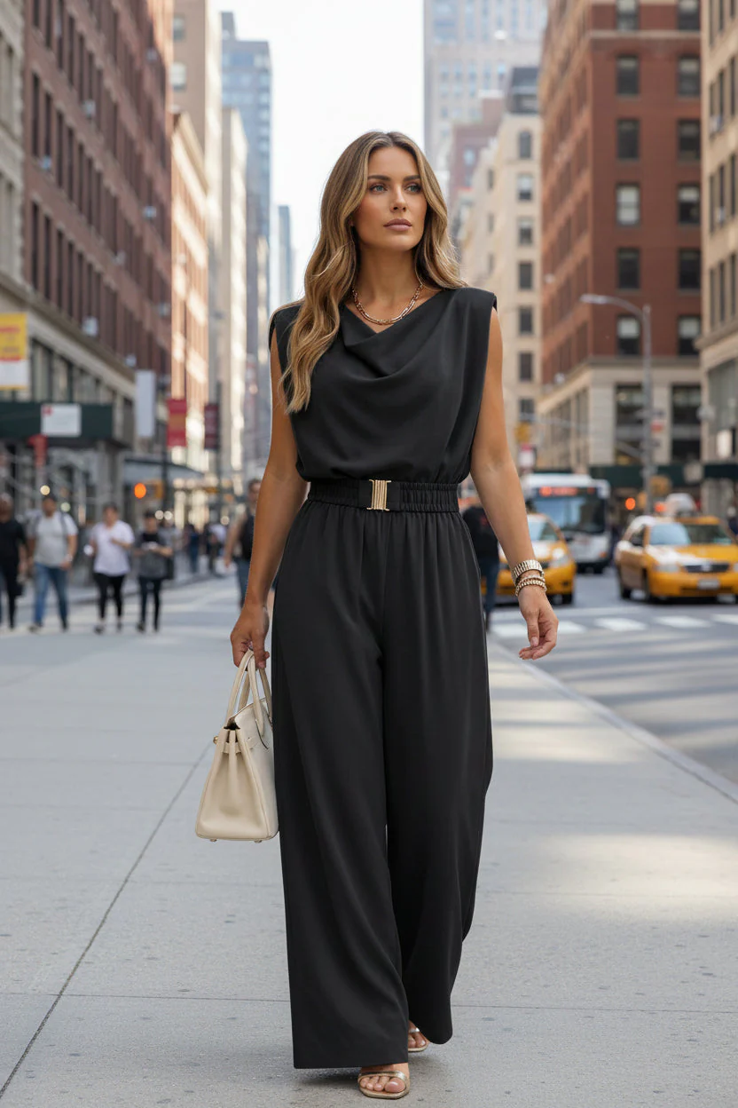 Women's Off-Shoulder Sleeveless Wide-Leg Jumpsuit – High Waist with Belt - Image 3