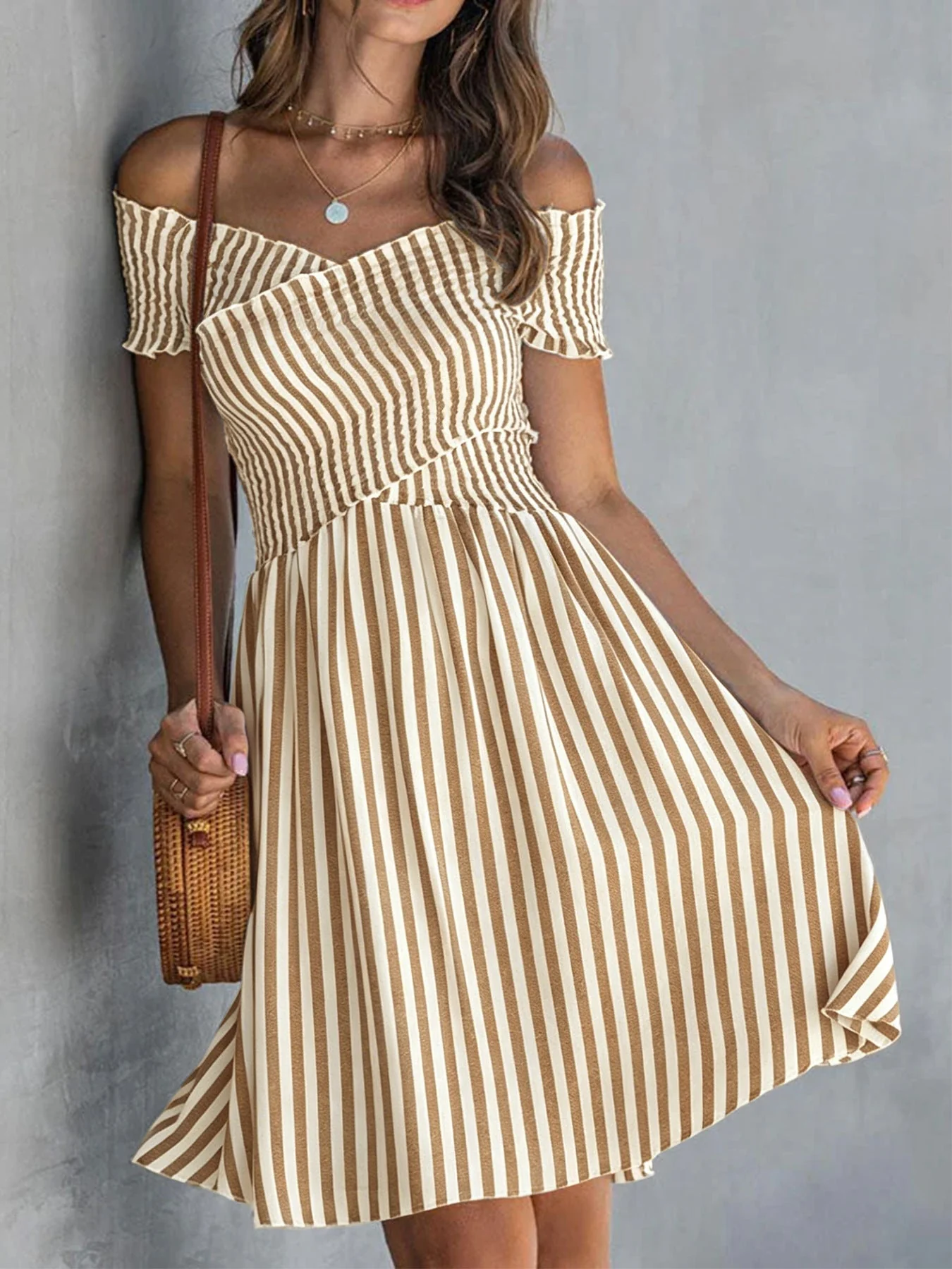 Women's Off-Shoulder Striped Waist-Cinching Midi Dress - Image 10
