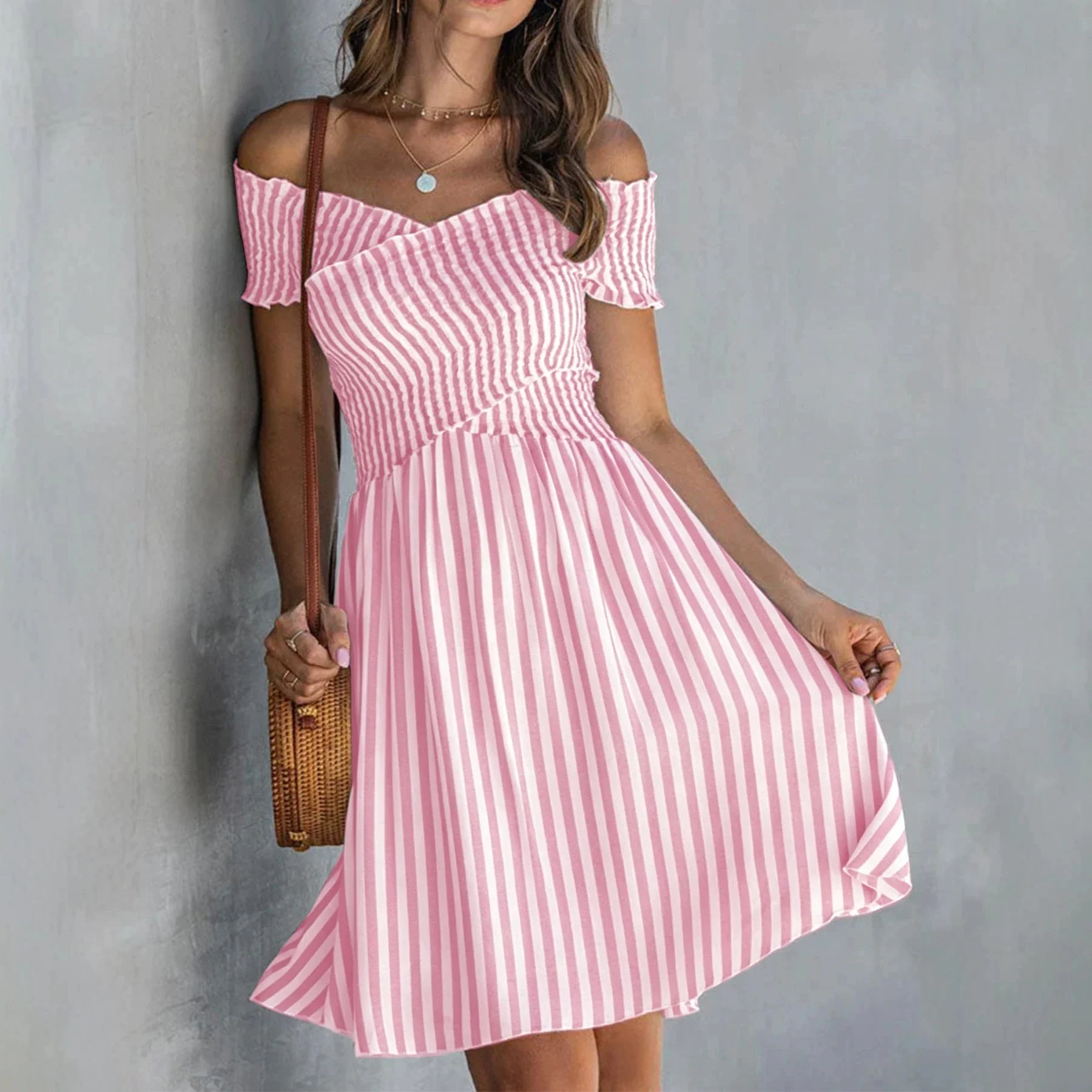 Women's Off-Shoulder Striped Waist-Cinching Midi Dress - Image 3