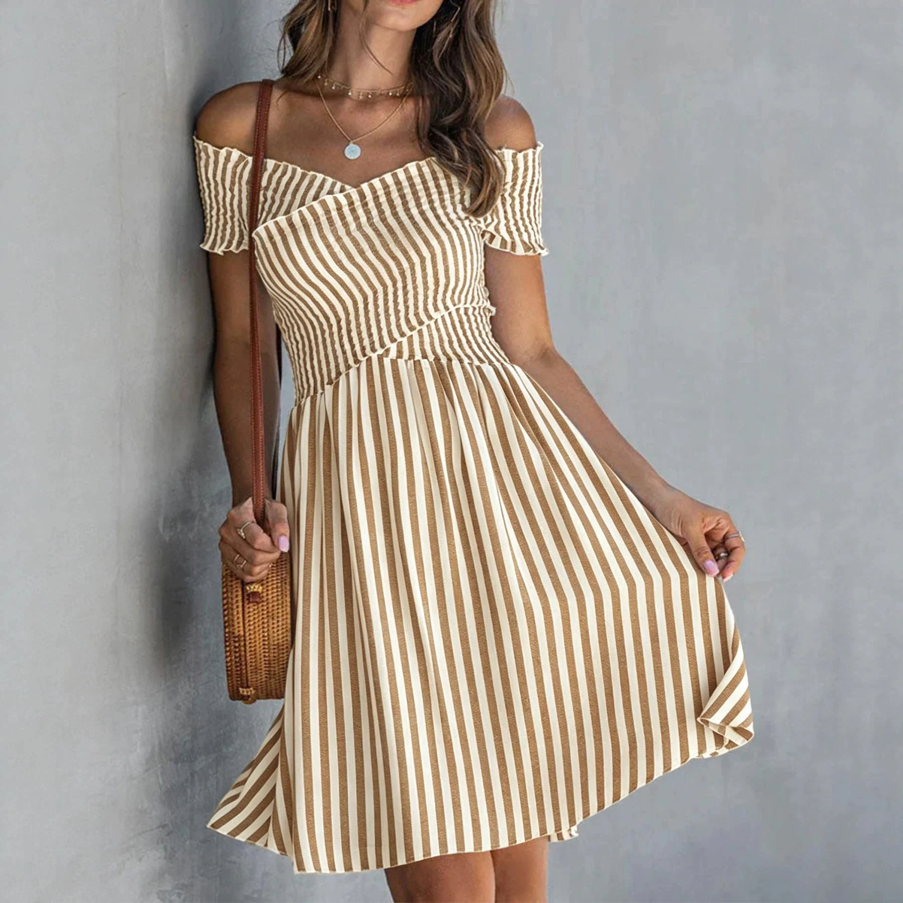 Women's Off-Shoulder Striped Waist-Cinching Midi Dress - Image 4