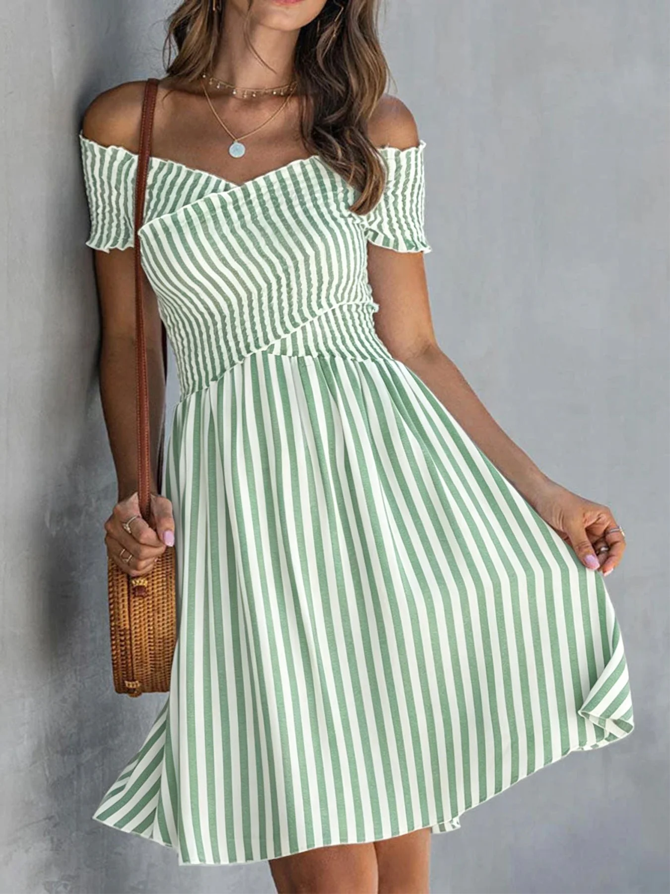 Women's Off-Shoulder Striped Waist-Cinching Midi Dress - Image 7