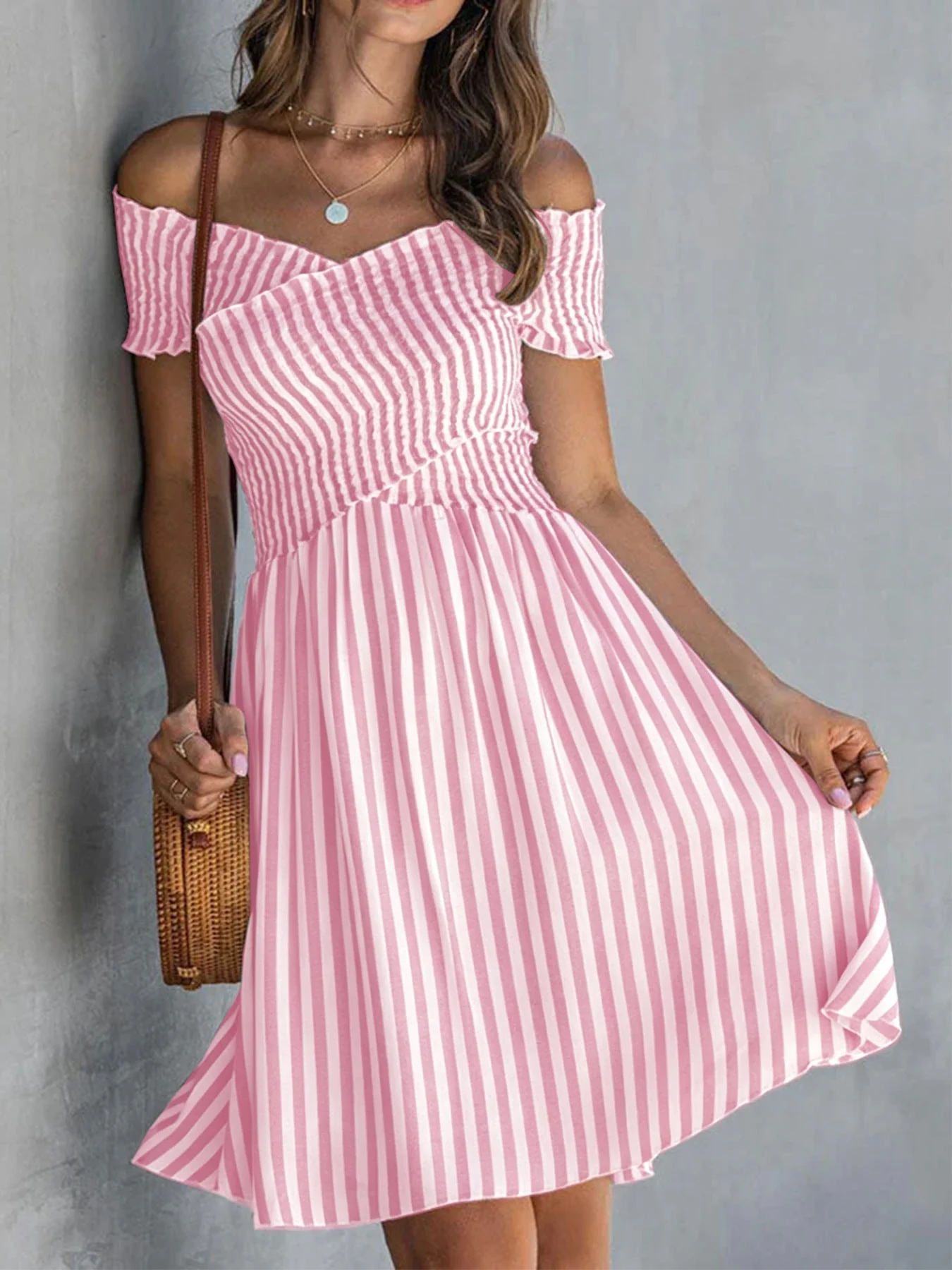 Women's Off-Shoulder Striped Waist-Cinching Midi Dress - Image 9