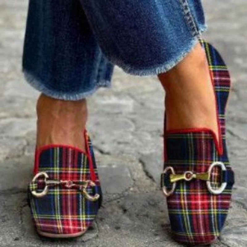 Women's Plaid Square Toe Flats – Buckle Casual Shoes in Red & Blue - Image 2