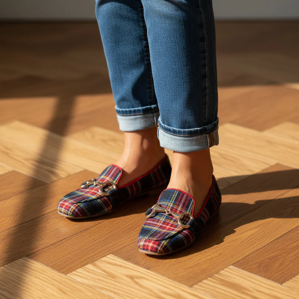 Women's Plaid Square Toe Flats – Buckle Casual Shoes in Red & Blue - Image 5